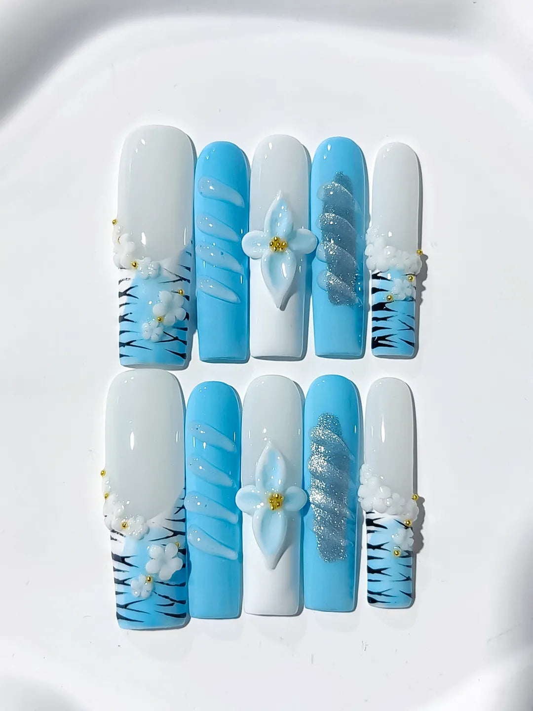 JSB07 - Long White Blue Square Abstract Flower Glitter