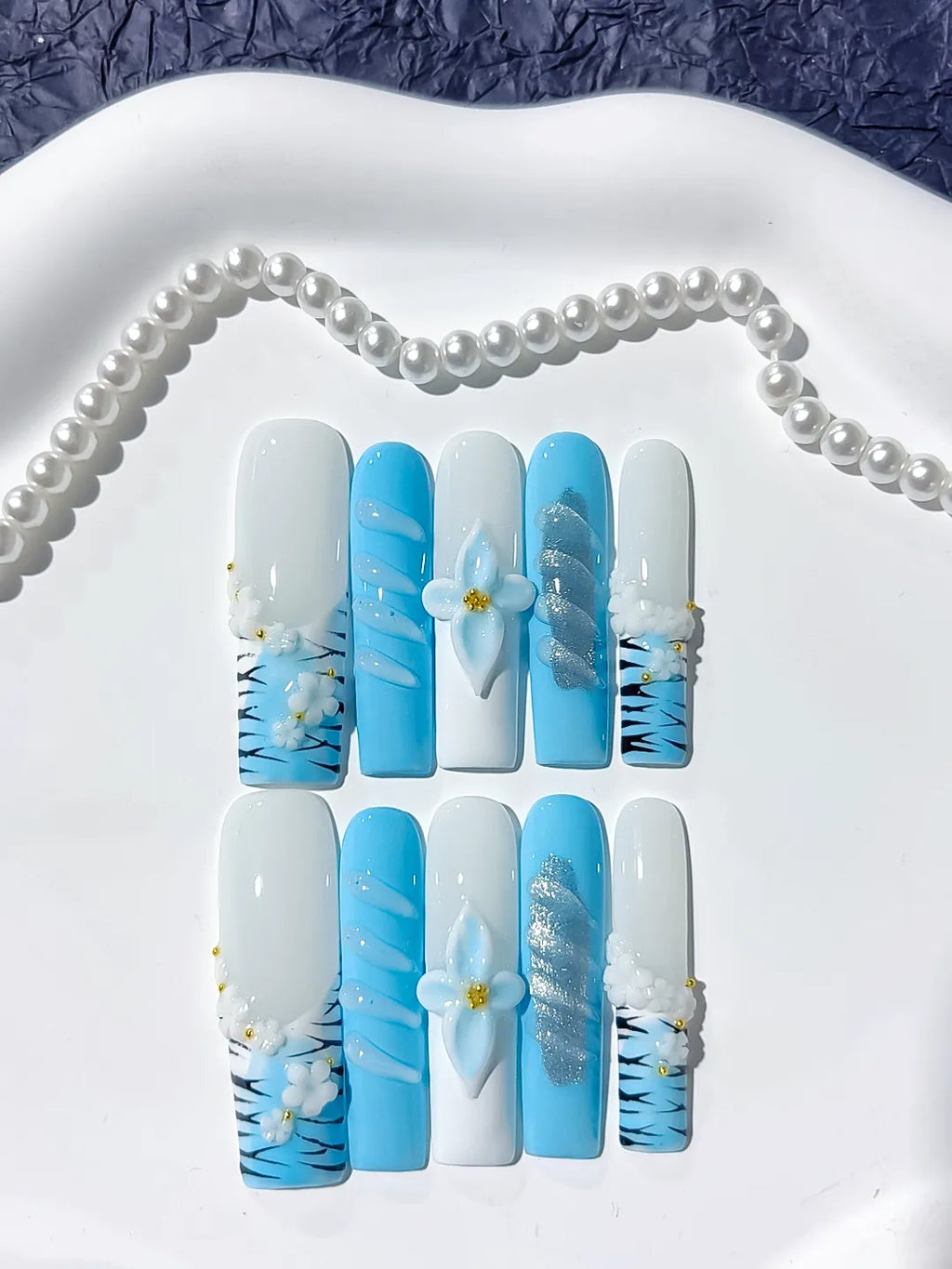 JSB07 - Long White Blue Square Abstract Flower Glitter