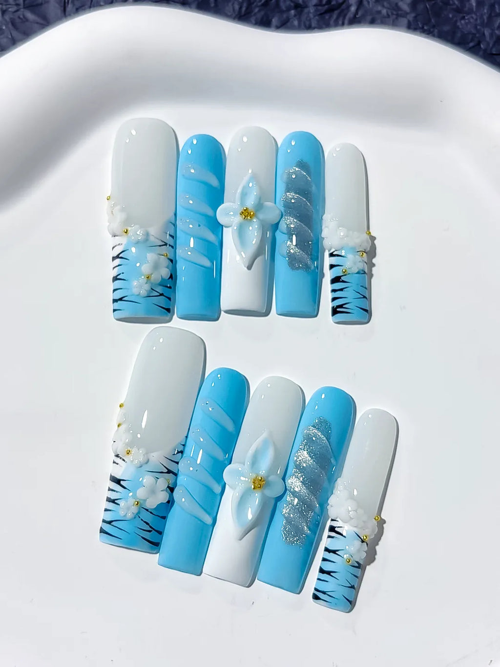 JSB07 - Long White Blue Square Abstract Flower Glitter
