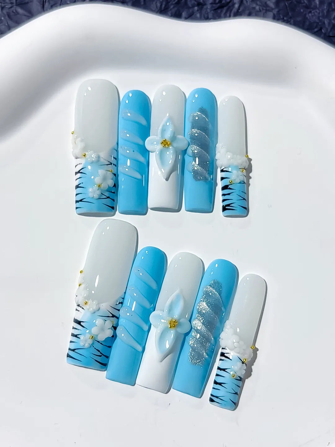 JSB07 - Long White Blue Square Abstract Flower Glitter