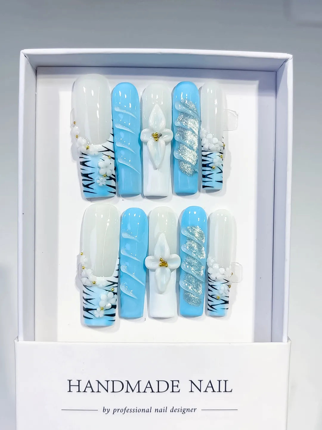 JSB07 - Long White Blue Square Abstract Flower Glitter