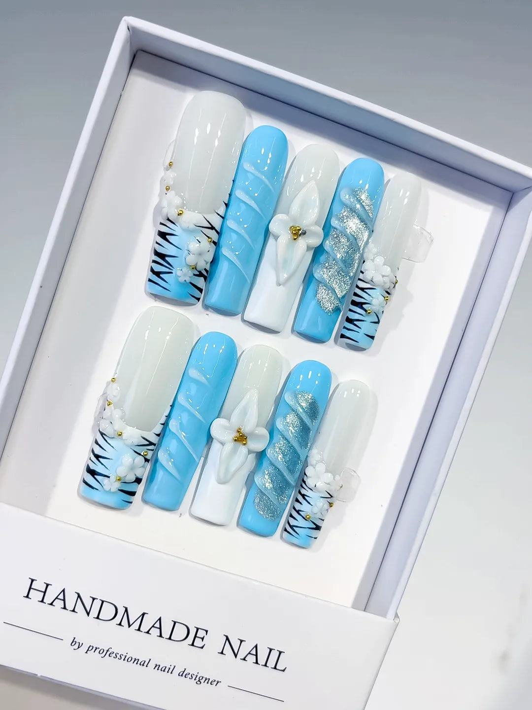 JSB07 - Long White Blue Square Abstract Flower Glitter