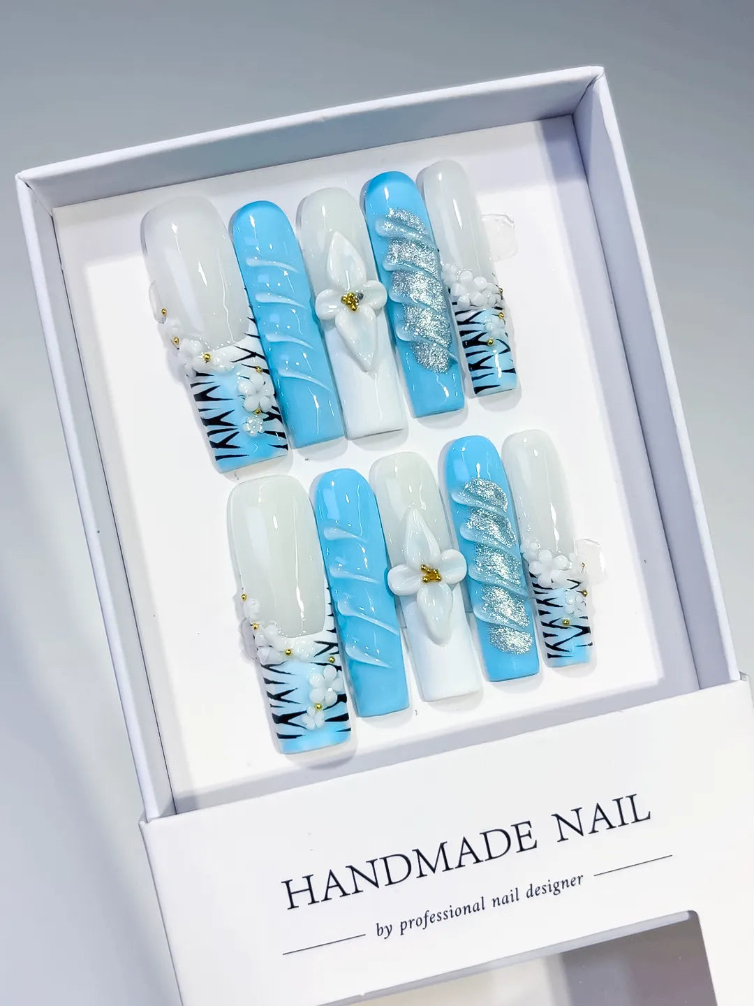 JSB07 - Long White Blue Square Abstract Flower Glitter