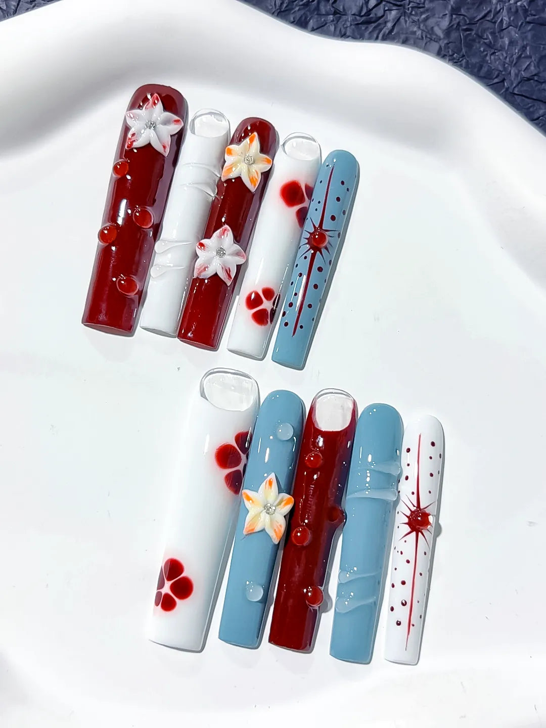 JSB08 - Long Red White Square Abstract Flower Dot