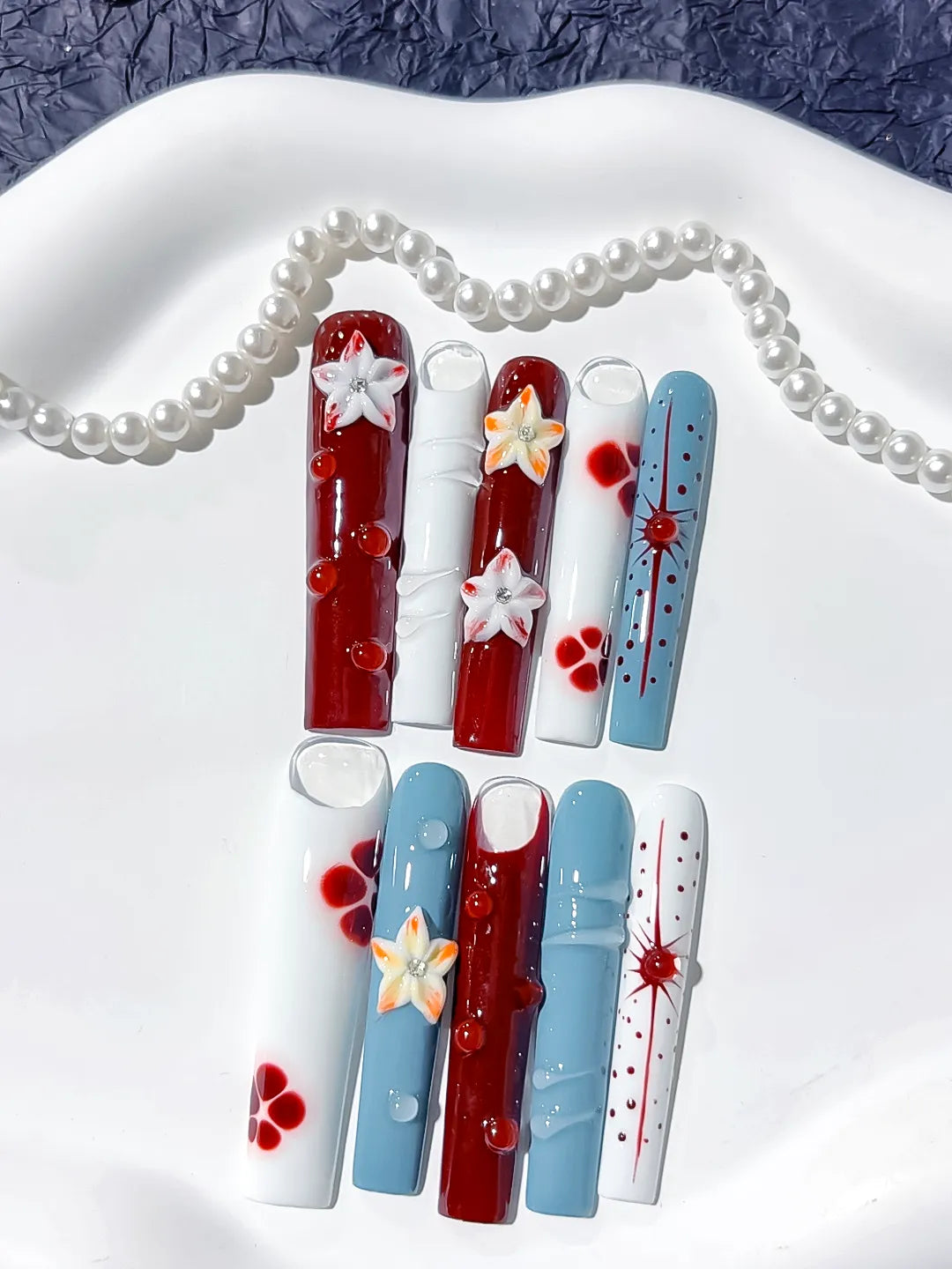JSB08 - Long Red White Square Abstract Flower Dot