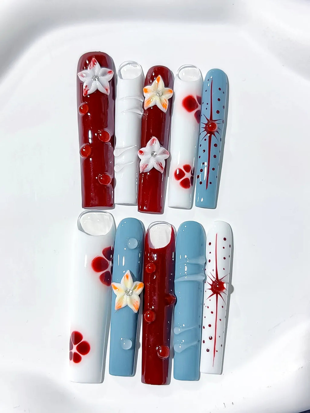 JSB08 - Long Red White Square Abstract Flower Dot