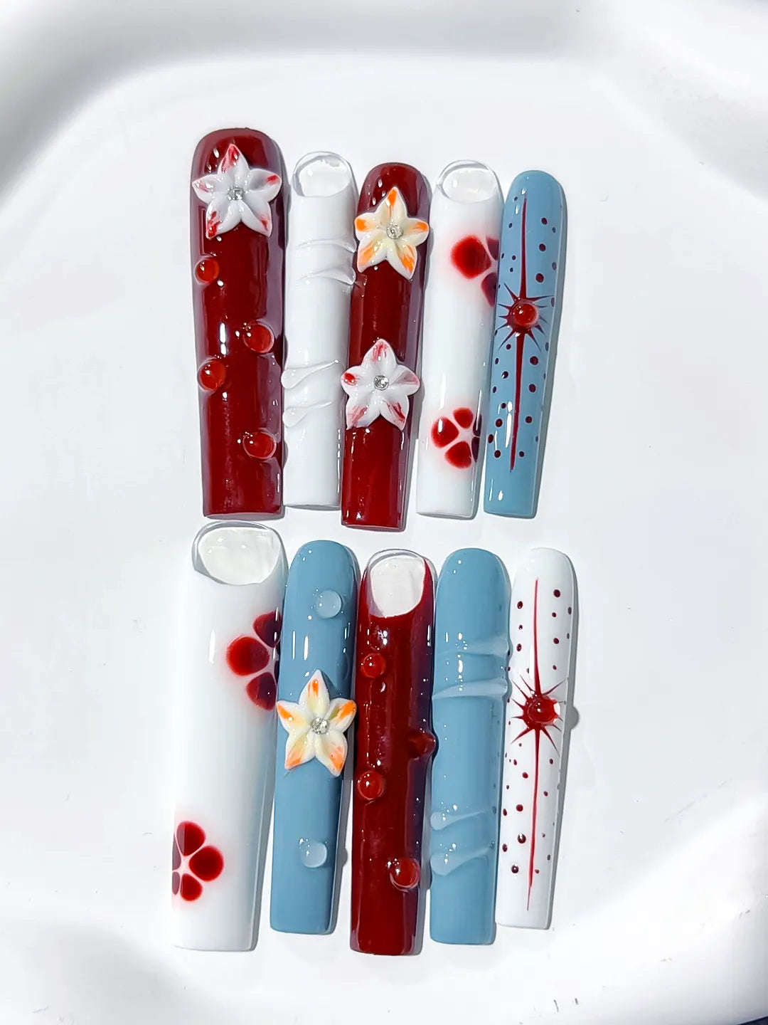 JSB08 - Long Red White Square Abstract Flower Dot