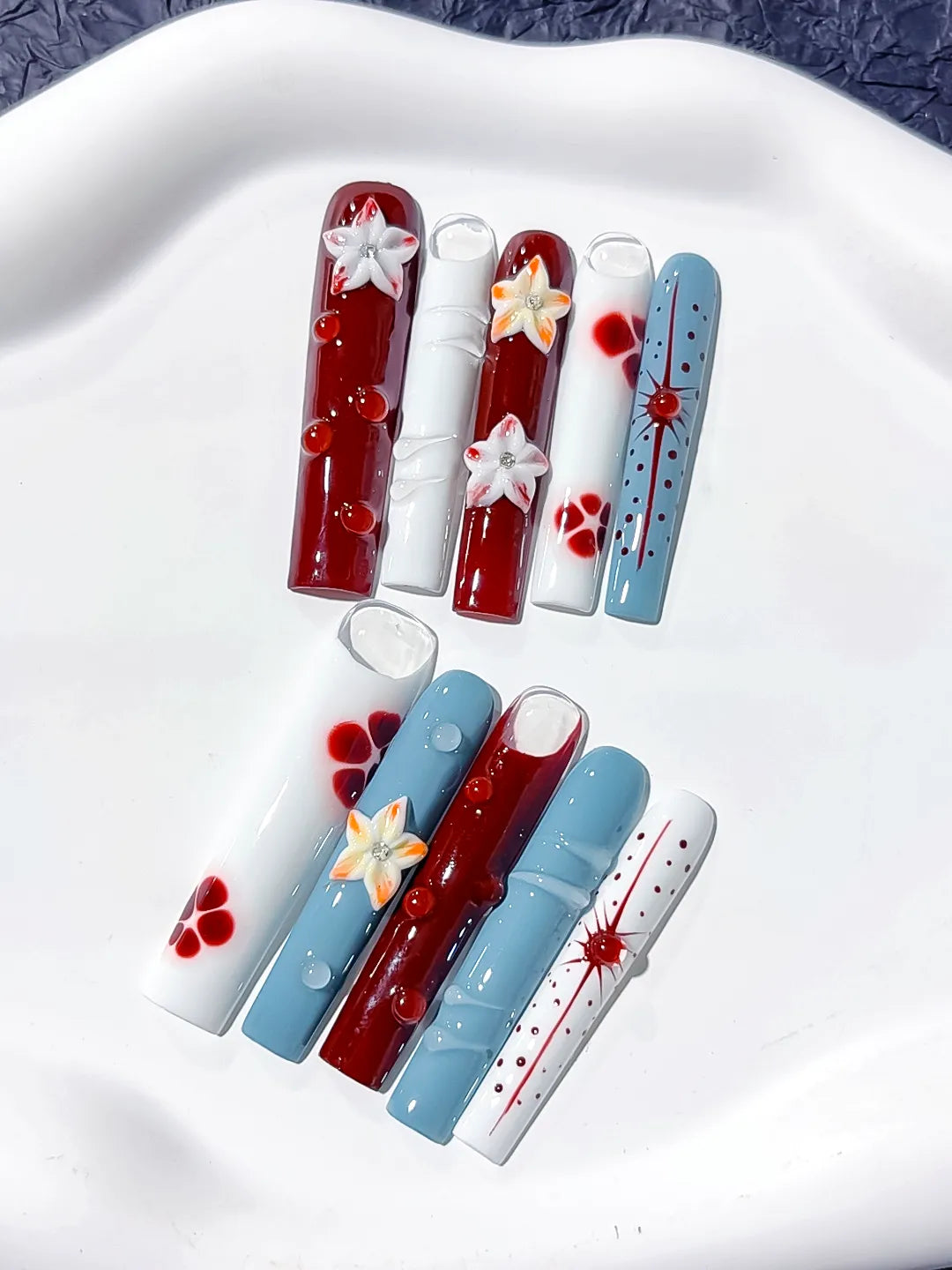 JSB08 - Long Red White Square Abstract Flower Dot