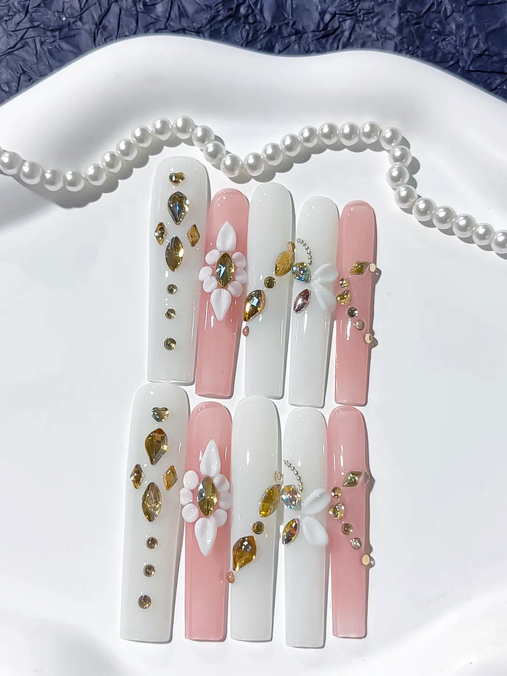 JSB09 - Long White Pink Square Solid color Flower Rhinestone