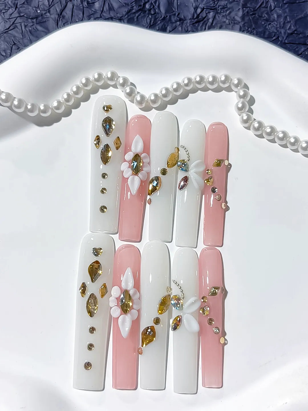 JSB09 - Long White Pink Square Solid color Flower Rhinestone