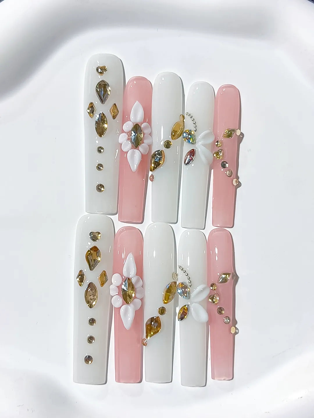 JSB09 - Long White Pink Square Solid color Flower Rhinestone
