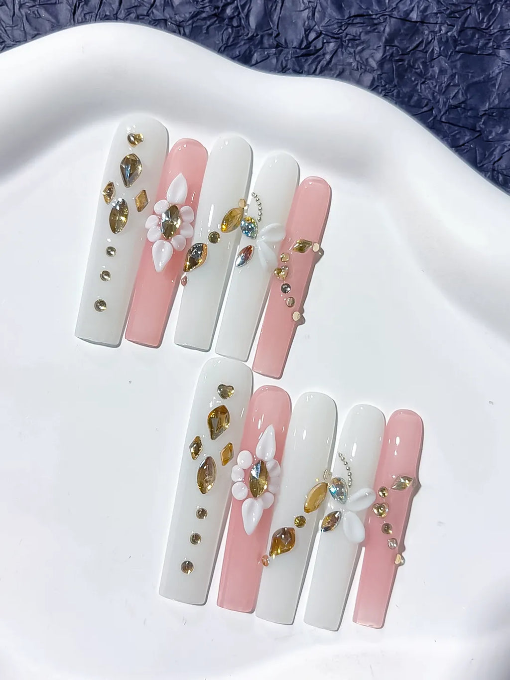 JSB09 - Long White Pink Square Solid color Flower Rhinestone