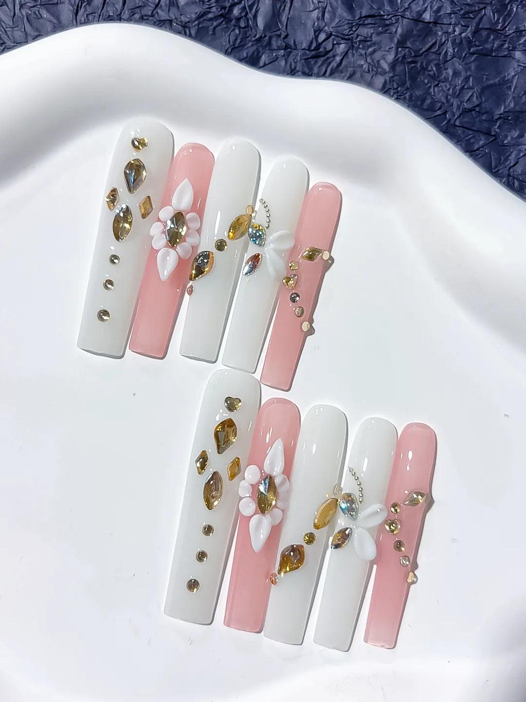 JSB09 - Long White Pink Square Solid color Flower Rhinestone