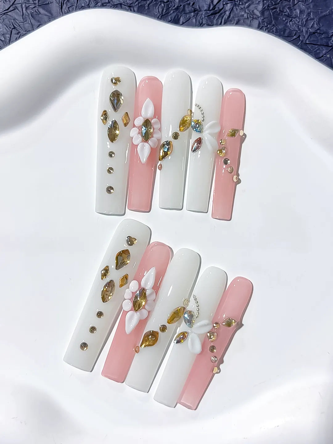JSB09 - Long White Pink Square Solid color Flower Rhinestone