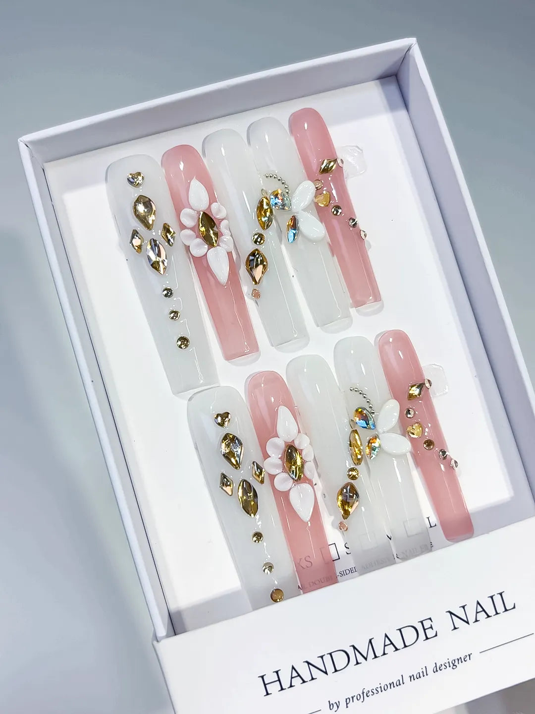 JSB09 - Long White Pink Square Solid color Flower Rhinestone