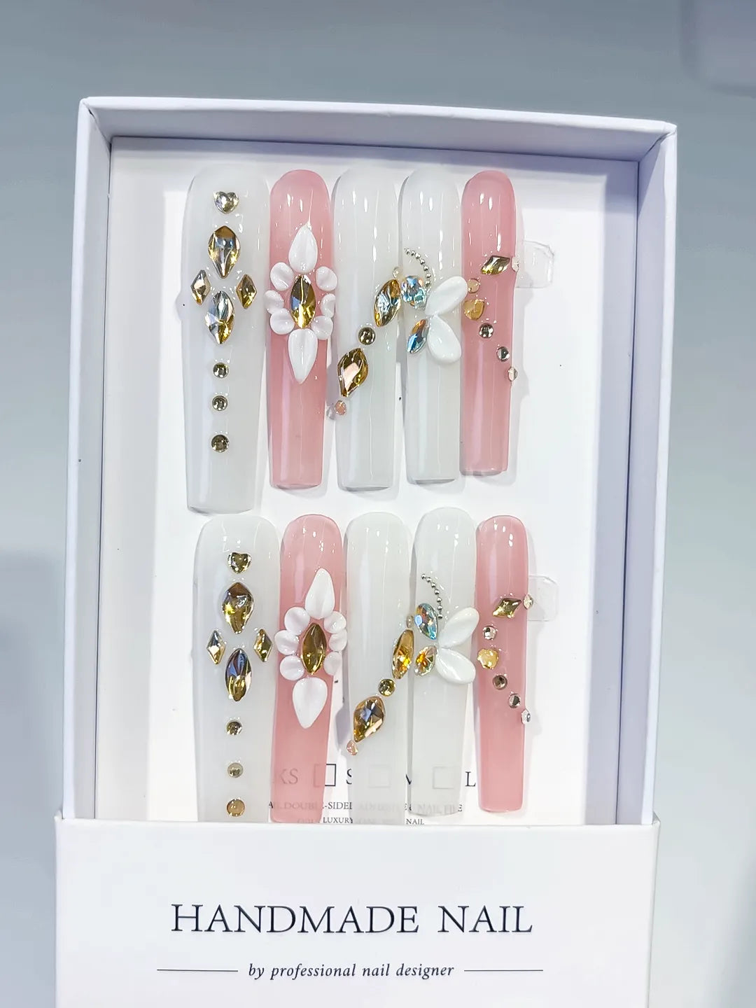 JSB09 - Long White Pink Square Solid color Flower Rhinestone