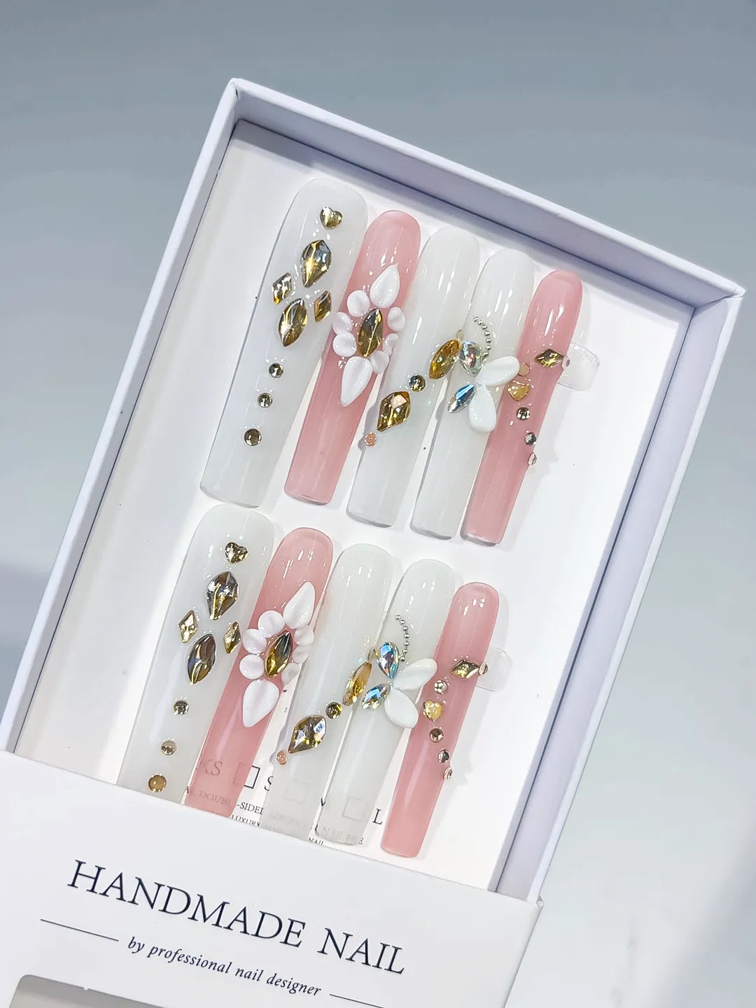 JSB09 - Long White Pink Square Solid color Flower Rhinestone