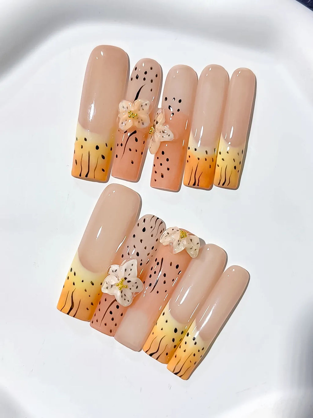 JSB10 - Long Nude Orange Square Abstract Flower Animal Print