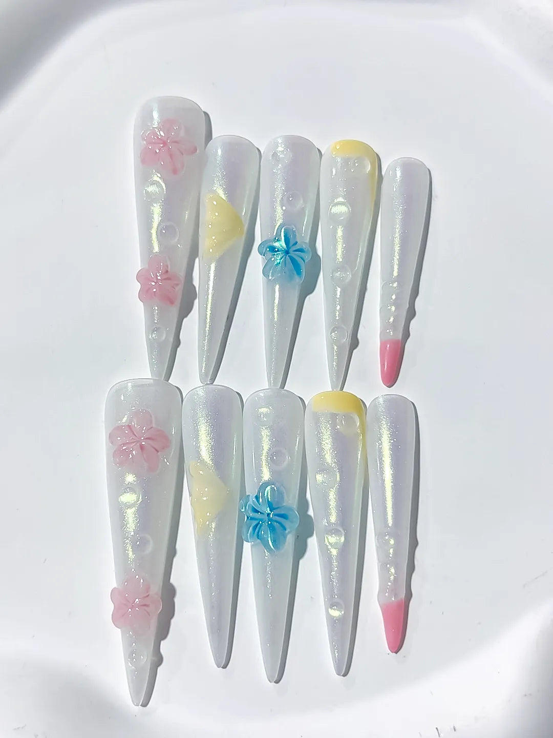 JSB11 - Long White Pink Stiletto Holographic Flower Pearl