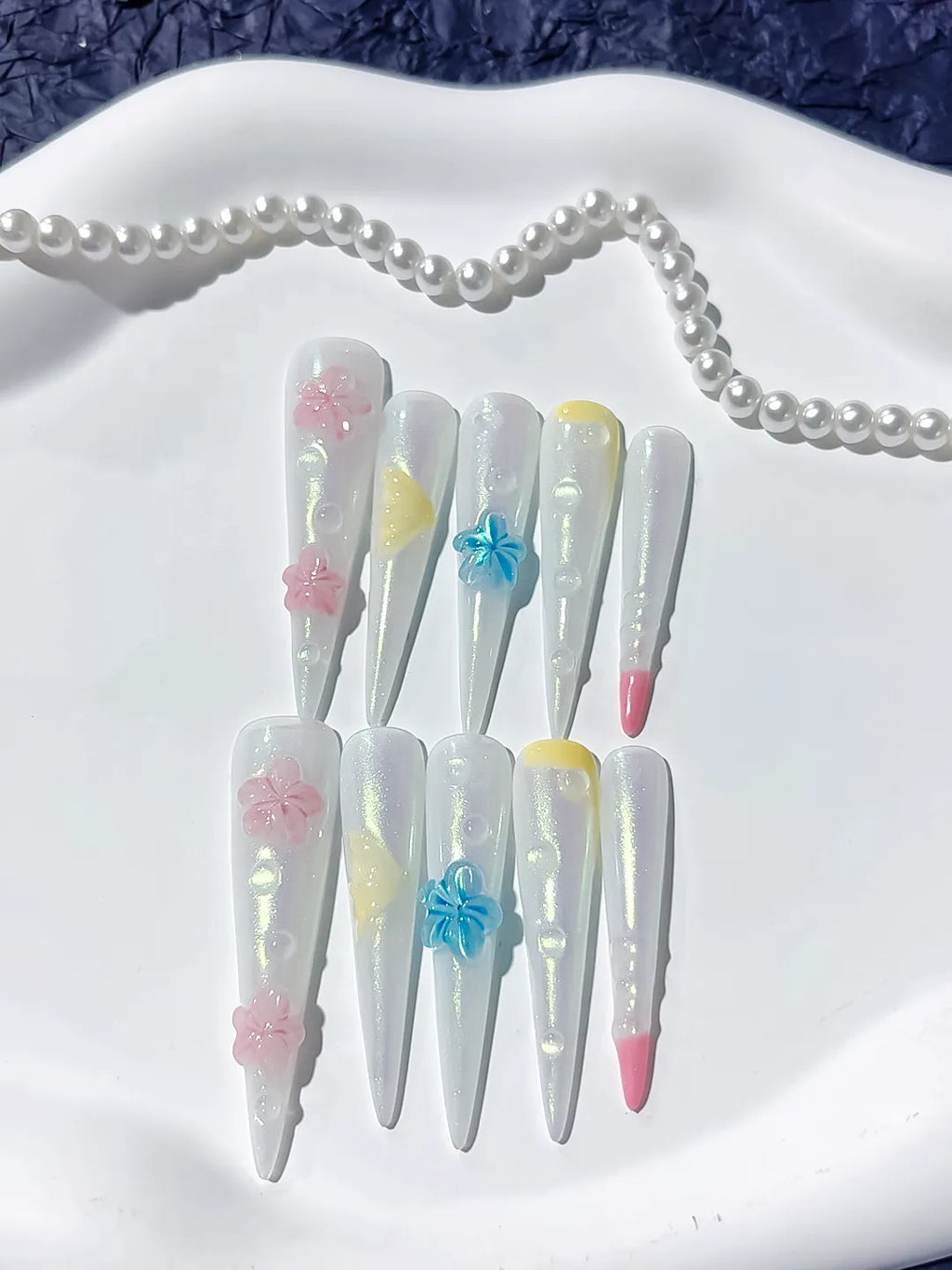 JSB11 - Long White Pink Stiletto Holographic Flower Pearl