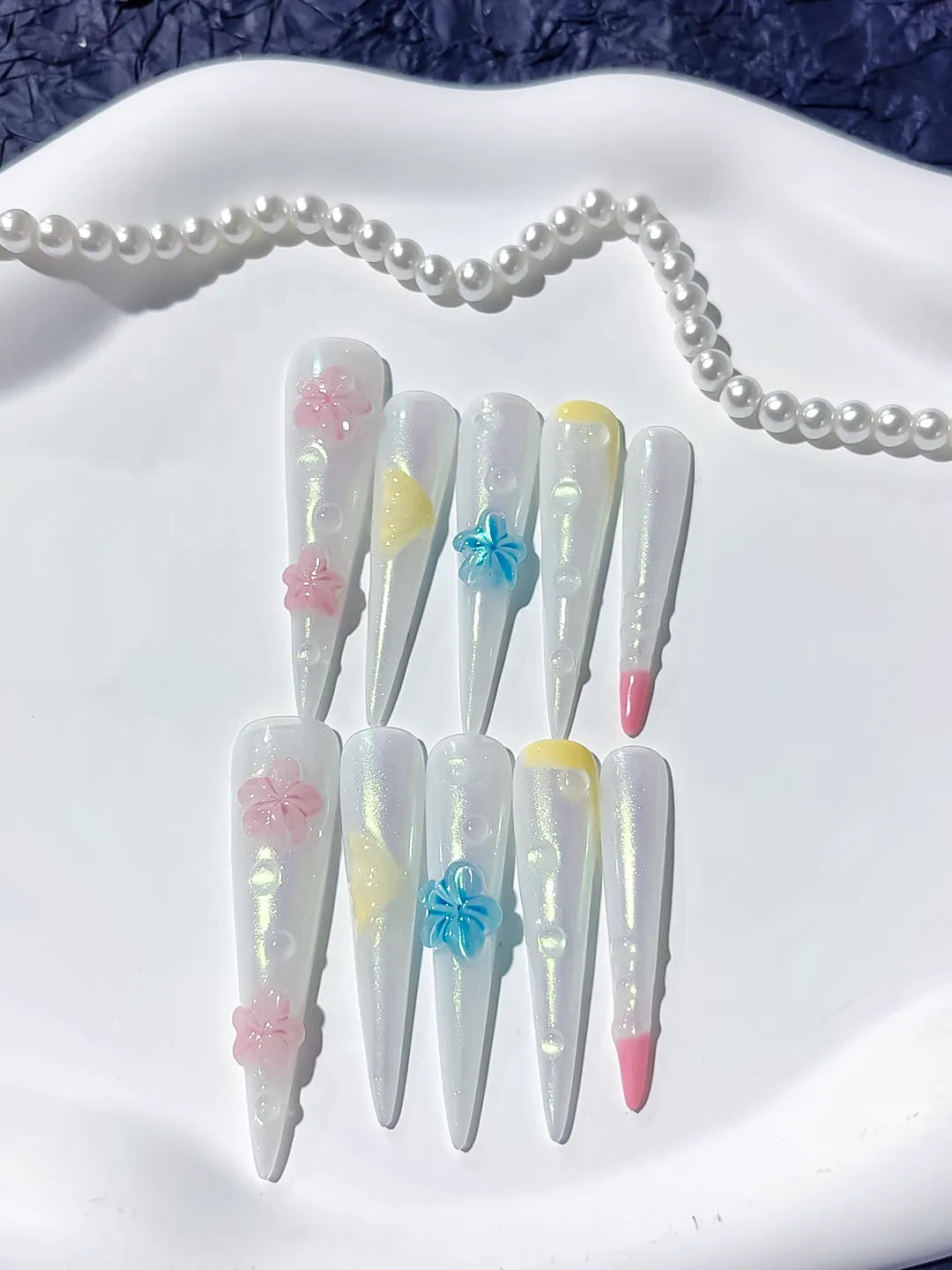 JSB11 - Long White Pink Stiletto Holographic Flower Pearl