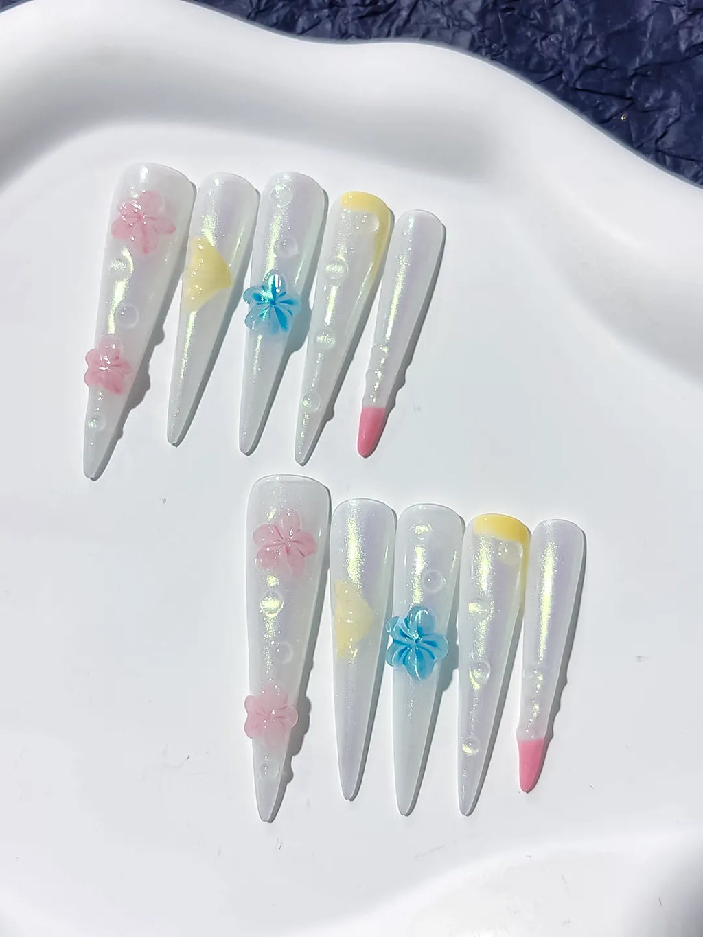 JSB11 - Long White Pink Stiletto Holographic Flower Pearl