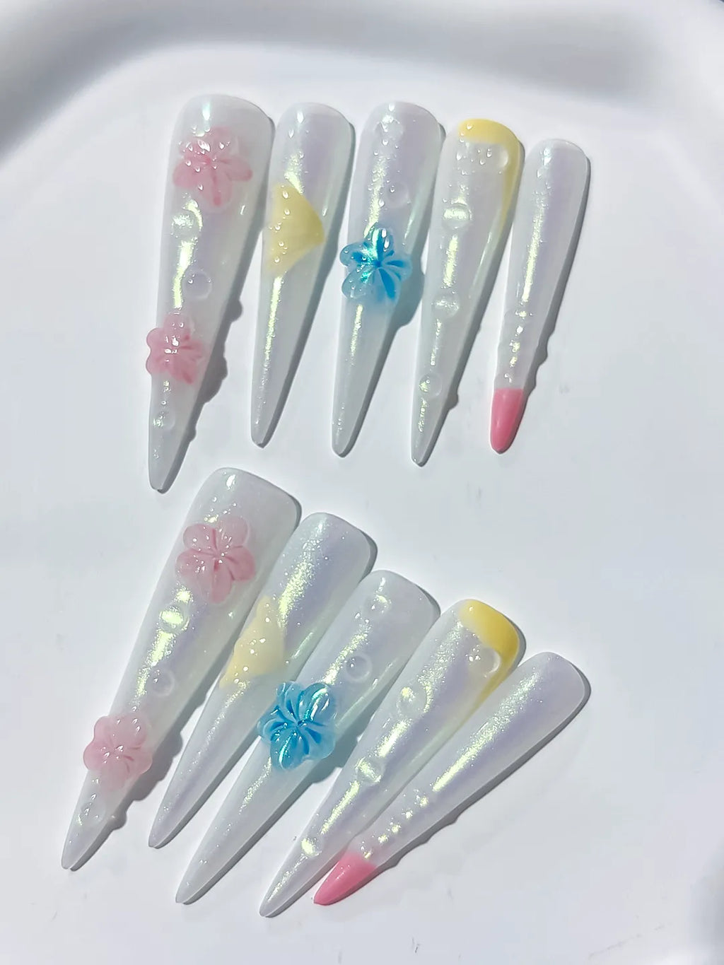 JSB11 - Long White Pink Stiletto Holographic Flower Pearl