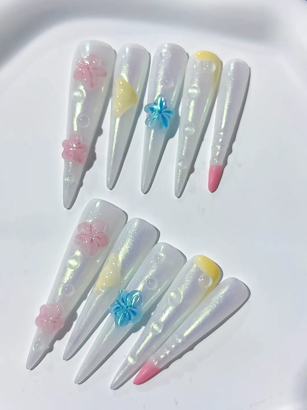 JSB11 - Long White Pink Stiletto Holographic Flower Pearl