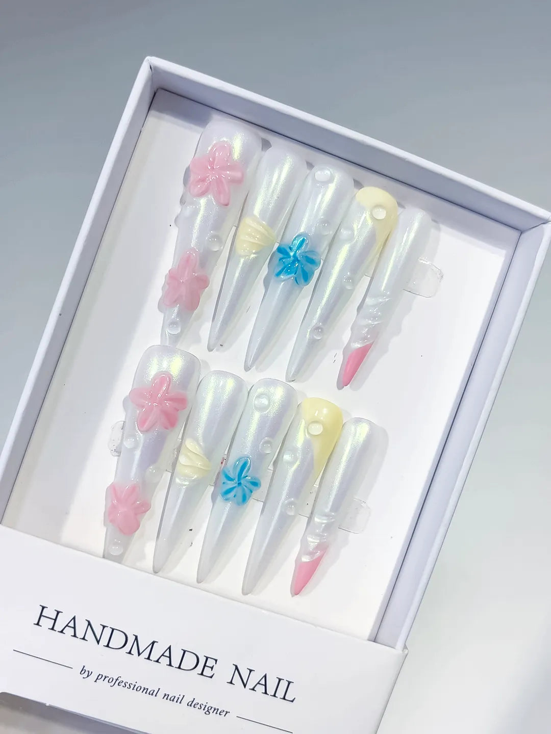 JSB11 - Long White Pink Stiletto Holographic Flower Pearl