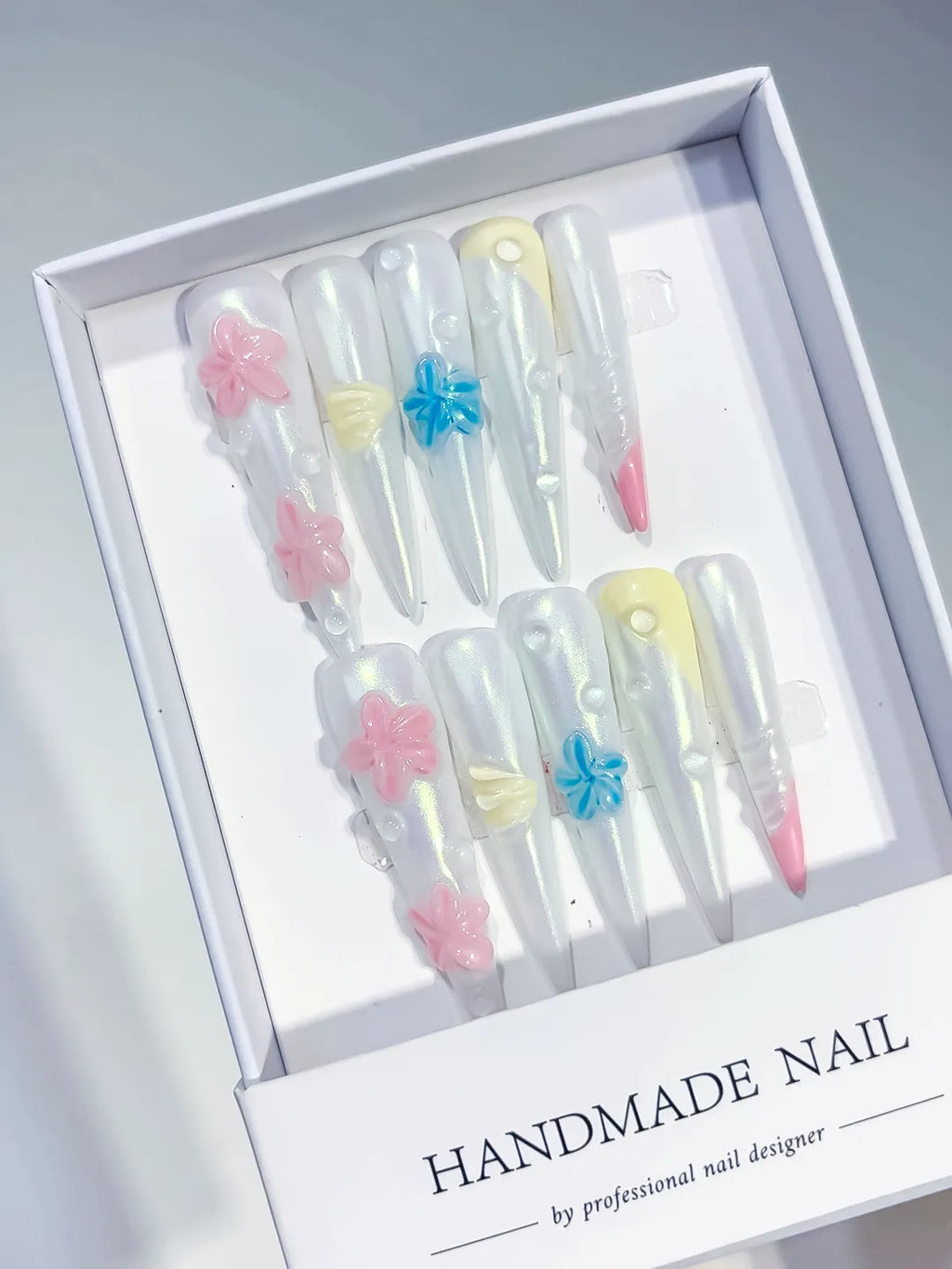 JSB11 - Long White Pink Stiletto Holographic Flower Pearl