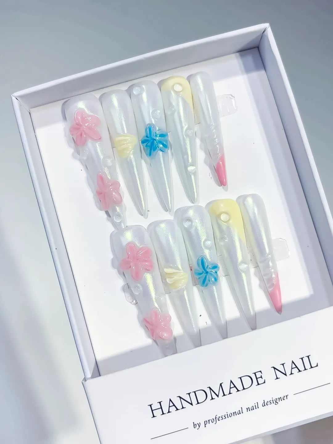 JSB11 - Long White Pink Stiletto Holographic Flower Pearl