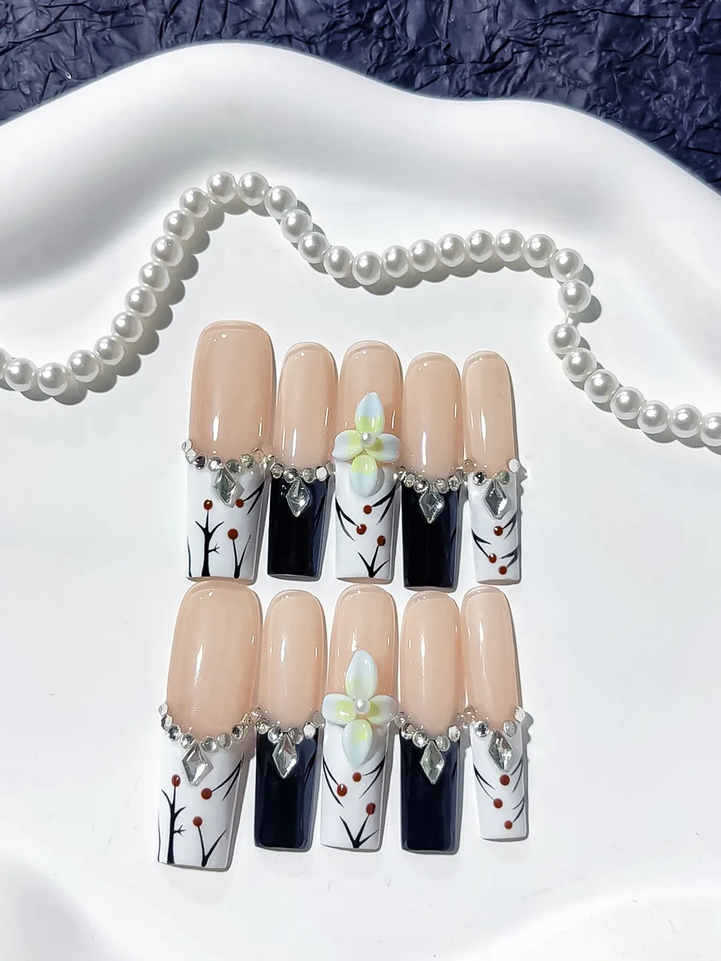 JSB12 - Long Nude White Square Abstract Flower Rhinestone