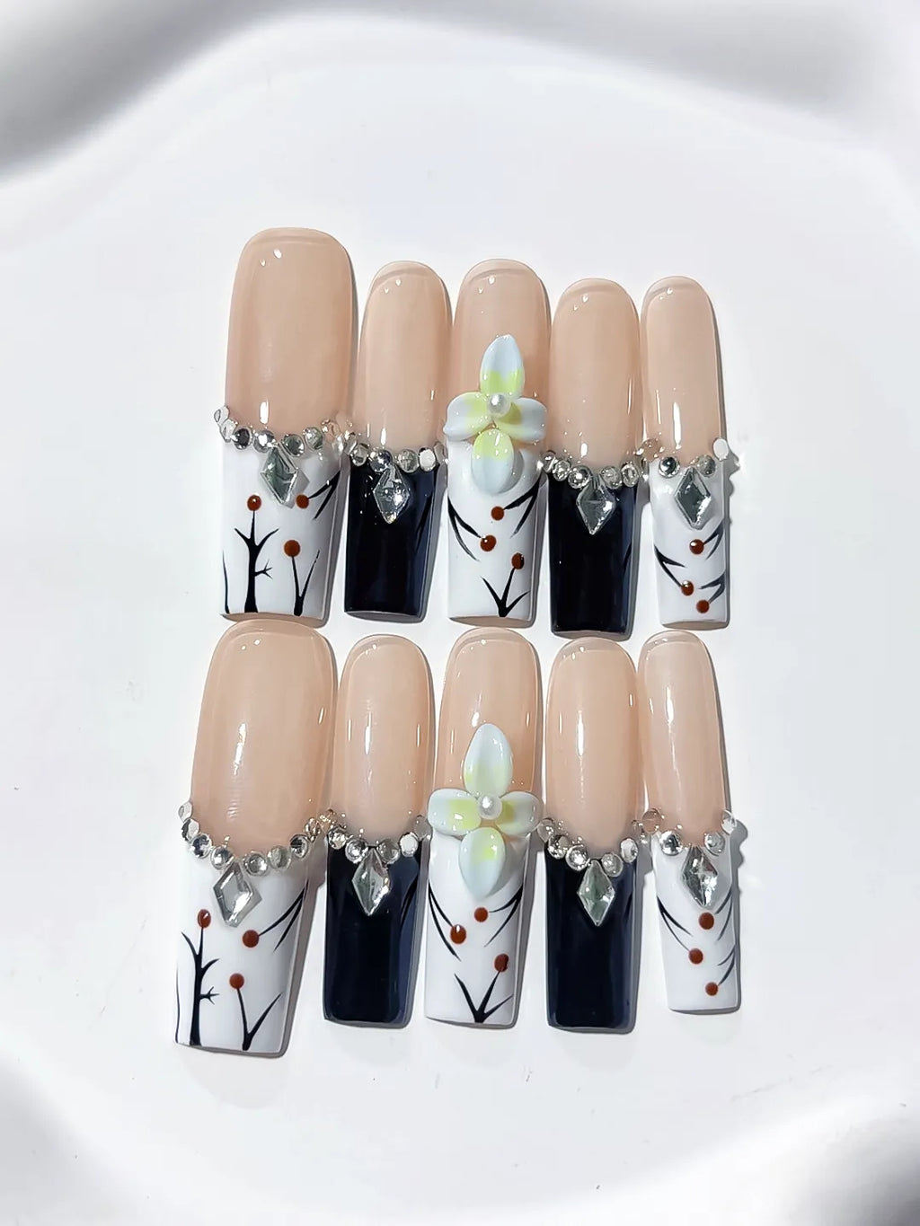 JSB12 - Long Nude White Square Abstract Flower Rhinestone