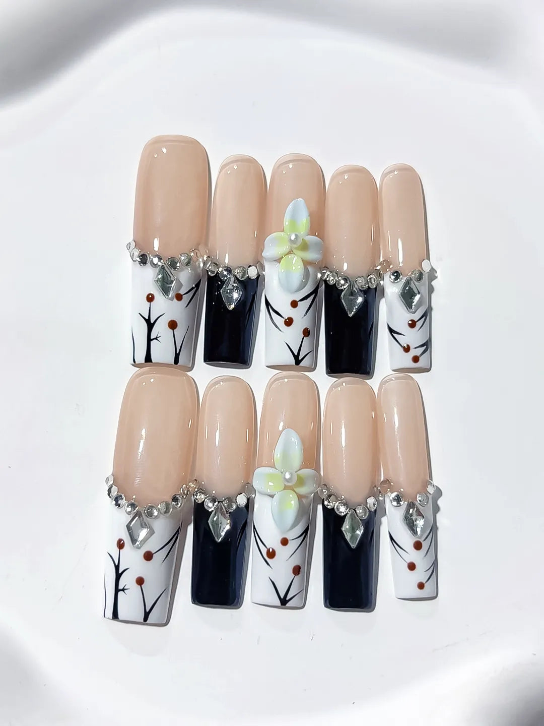 JSB12 - Long Nude White Square Abstract Flower Rhinestone