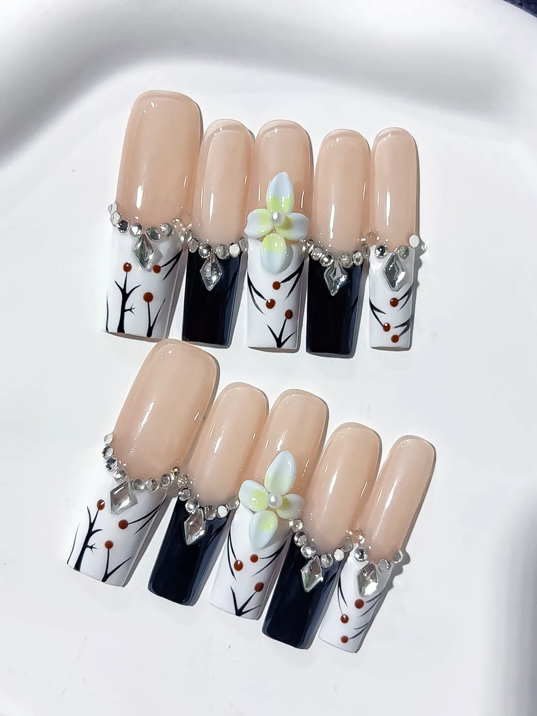 JSB12 - Long Nude White Square Abstract Flower Rhinestone