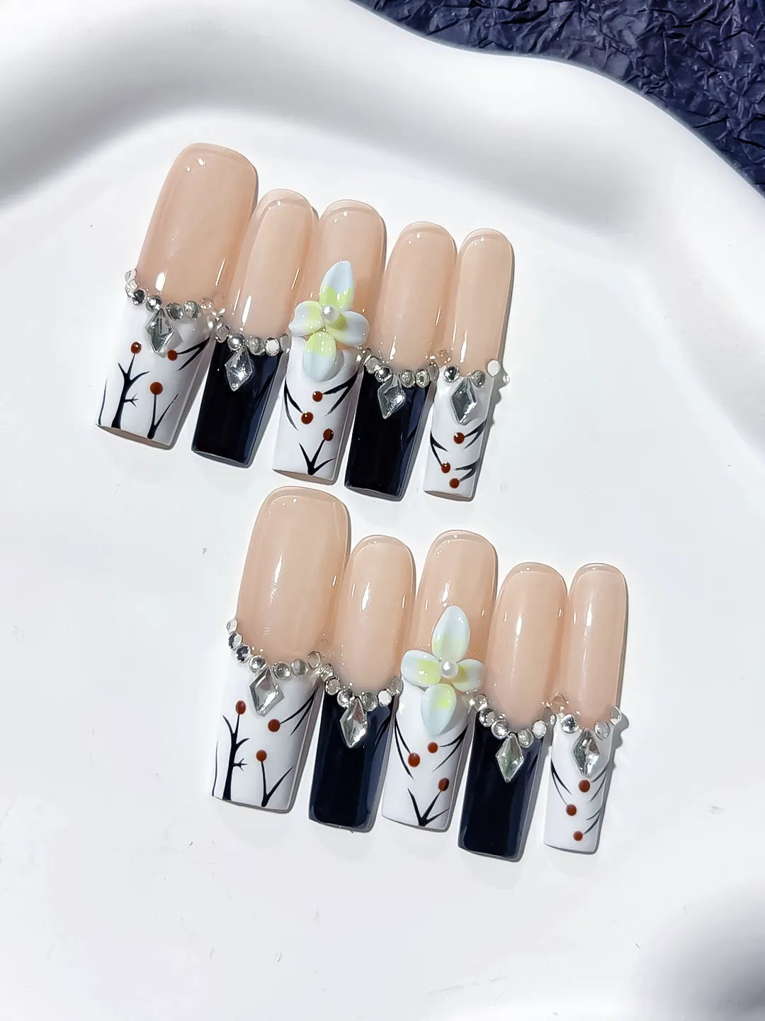 JSB12 - Long Nude White Square Abstract Flower Rhinestone