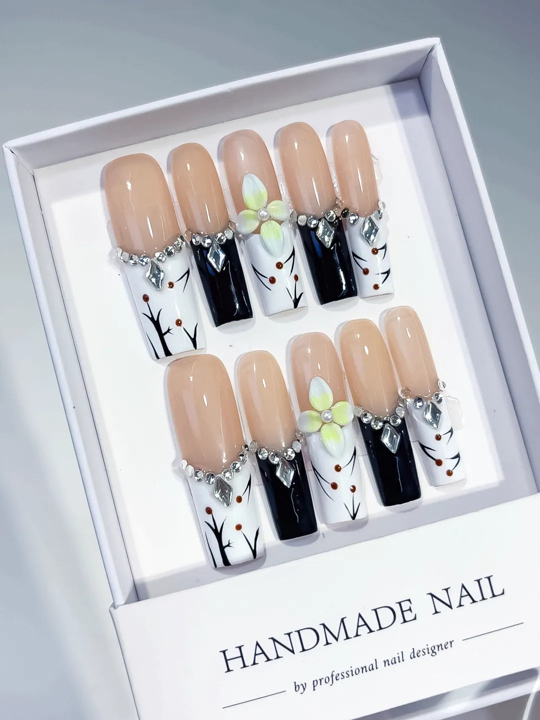 JSB12 - Long Nude White Square Abstract Flower Rhinestone
