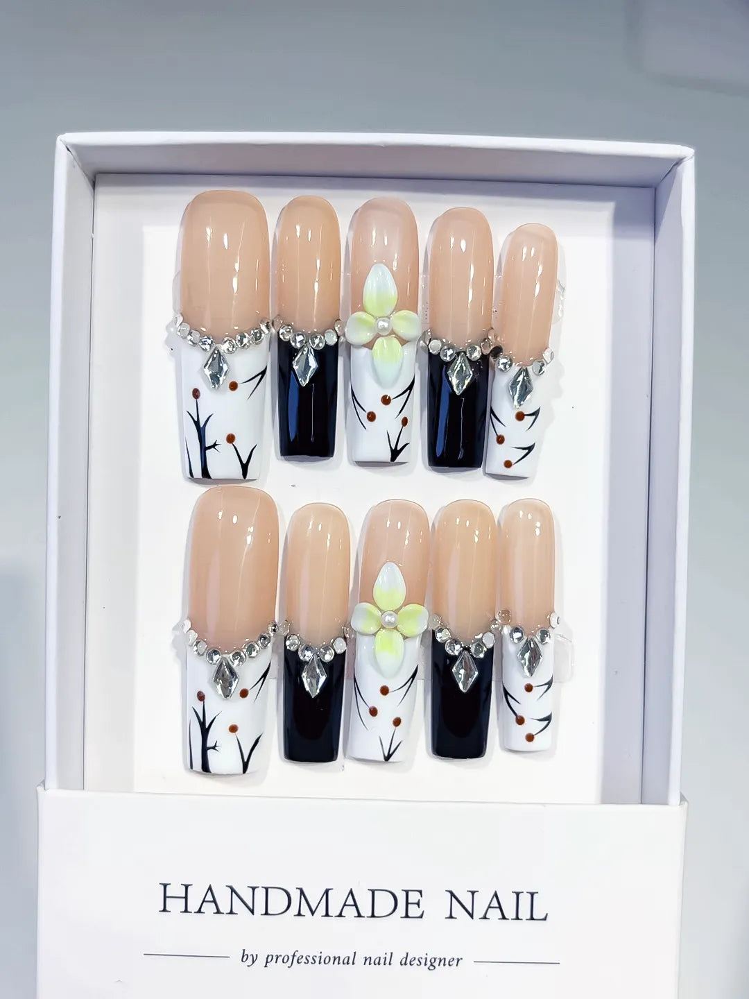 JSB12 - Long Nude White Square Abstract Flower Rhinestone