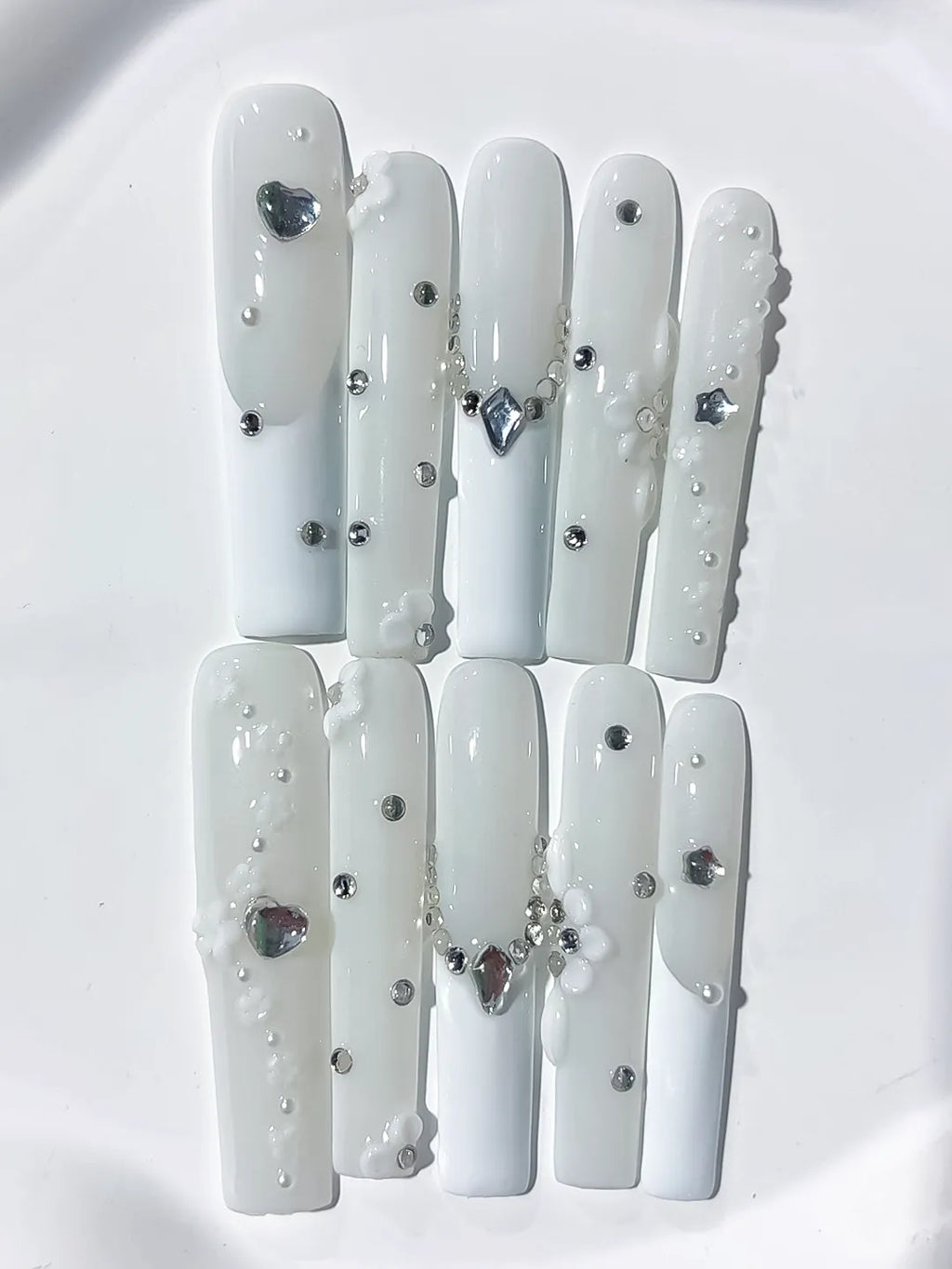 JSB13 - Long White Silver Square Solid color Heart Flower