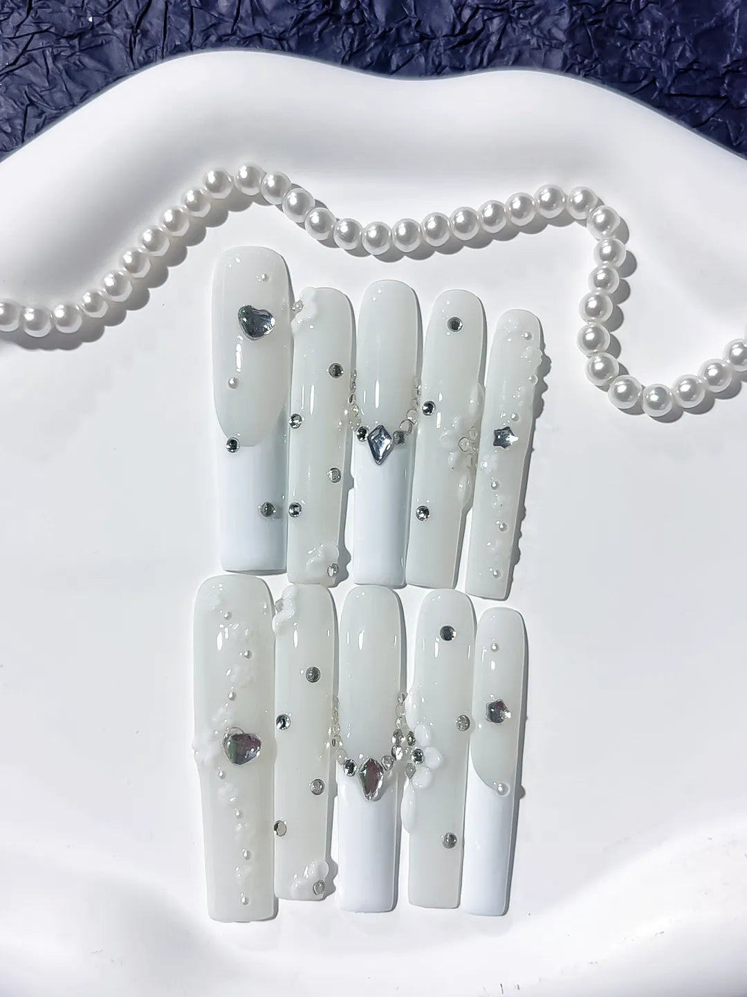 JSB13 - Long White Silver Square Solid color Heart Flower