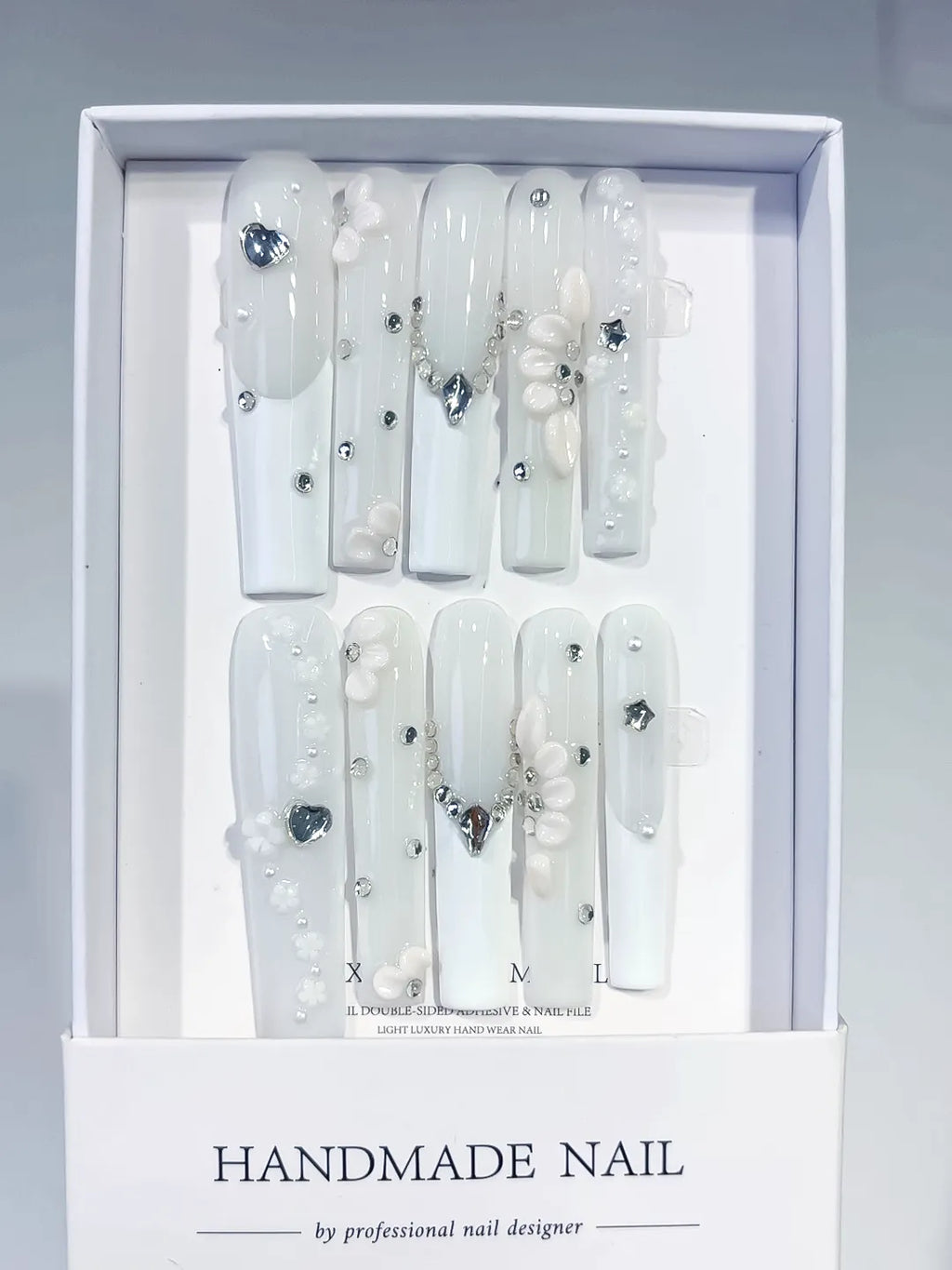 JSB13 - Long White Silver Square Solid color Heart Flower