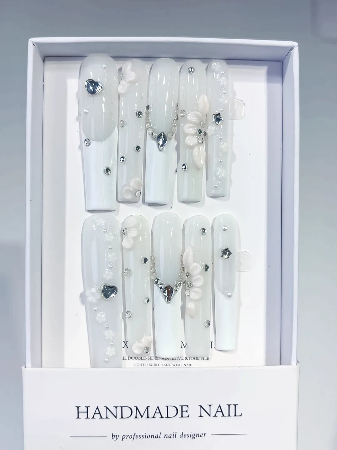 JSB13 - Long White Silver Square Solid color Heart Flower