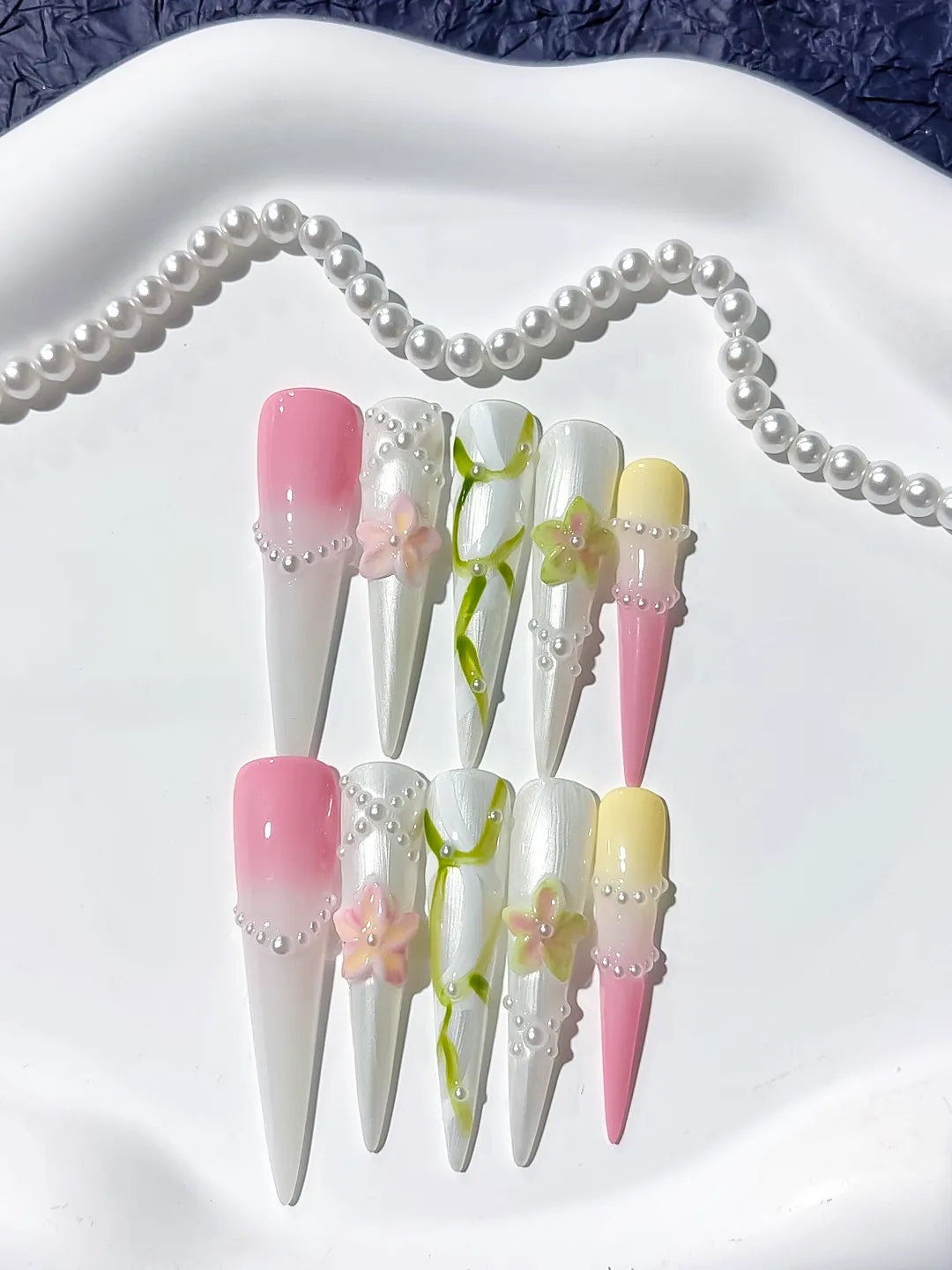 JSB15 - Long White Pink Stiletto Abstract Flower Pearl
