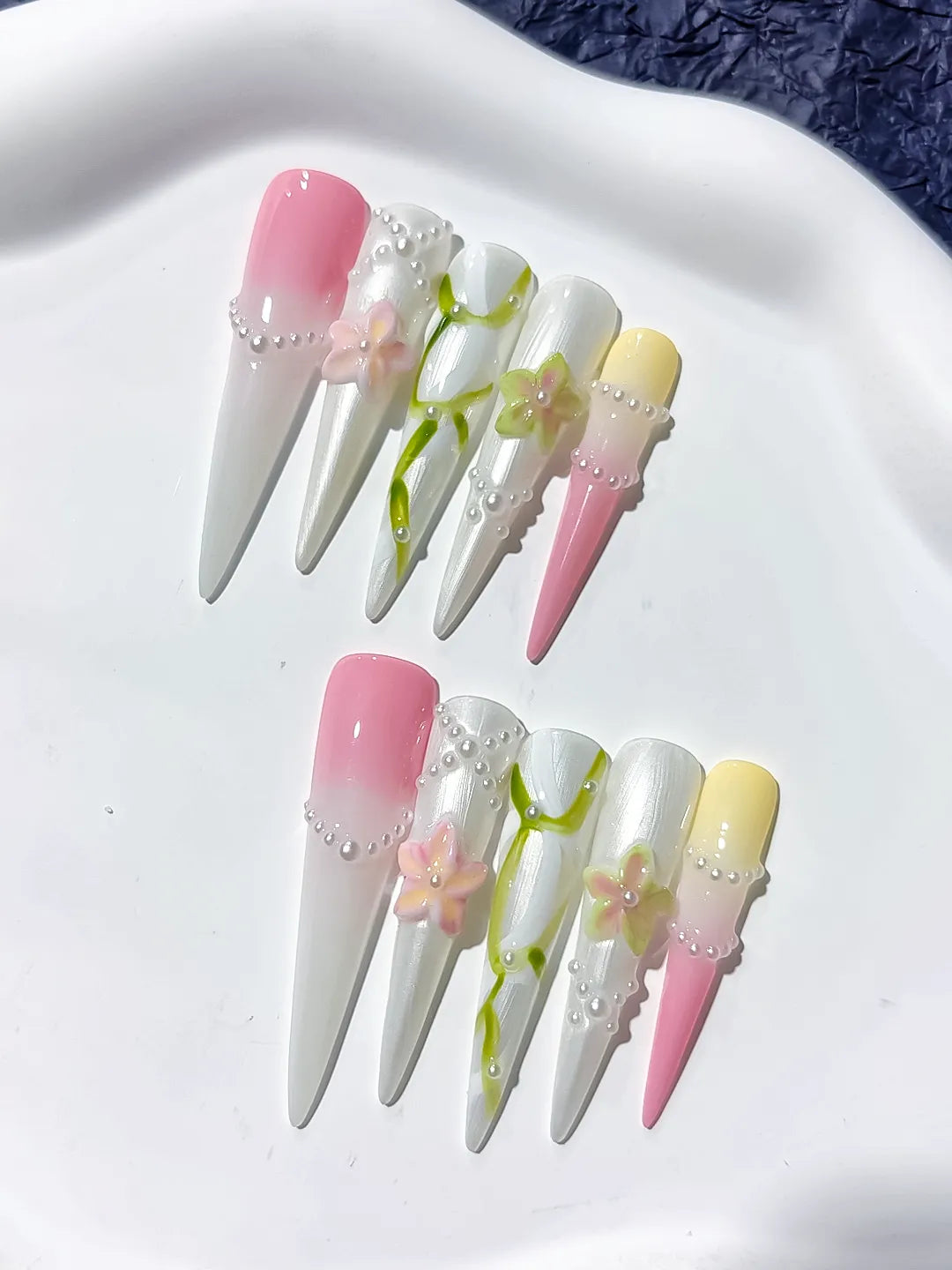 JSB15 - Long White Pink Stiletto Abstract Flower Pearl