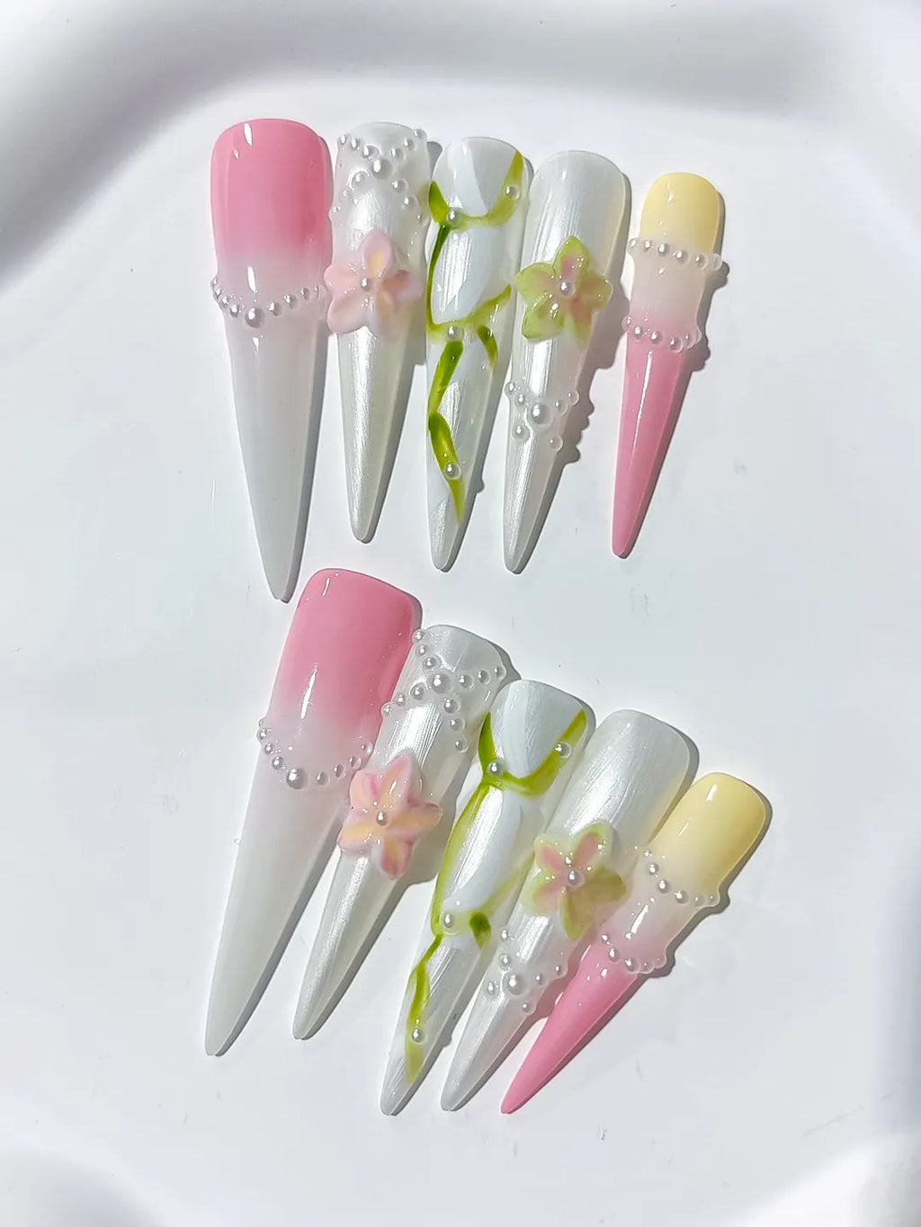JSB15 - Long White Pink Stiletto Abstract Flower Pearl