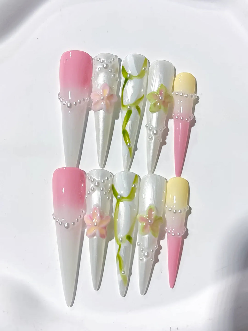 JSB15 - Long White Pink Stiletto Abstract Flower Pearl