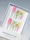 JSB15 - Long White Pink Stiletto Abstract Flower Pearl