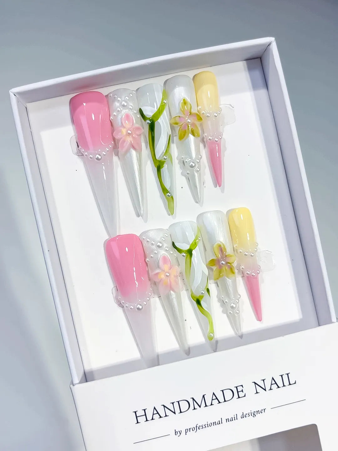 JSB15 - Long White Pink Stiletto Abstract Flower Pearl