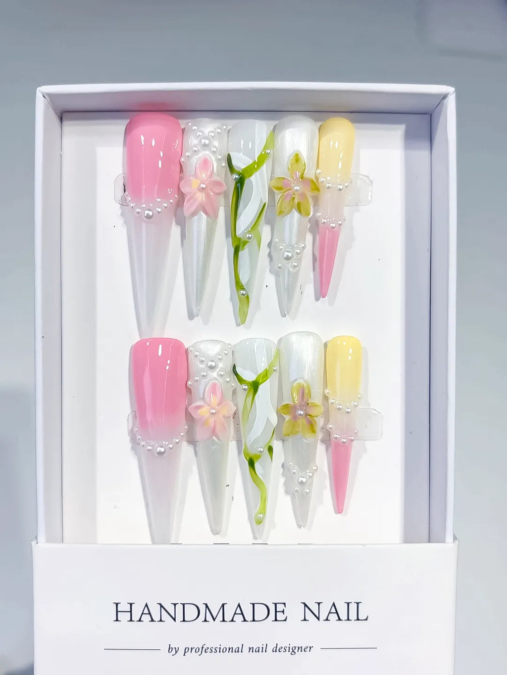 JSB15 - Long White Pink Stiletto Abstract Flower Pearl