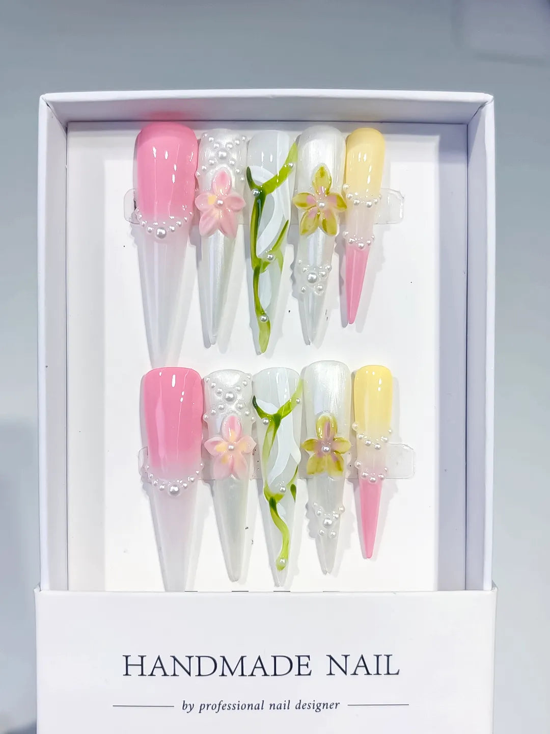 JSB15 - Long White Pink Stiletto Abstract Flower Pearl